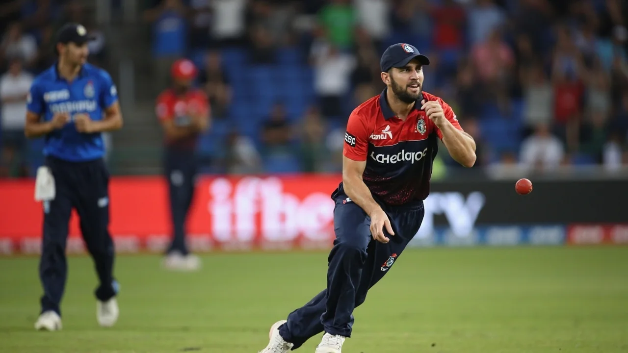 Tight sideline frame of an India bowler running in at Edgbaston with the slip cordon set, illustrating the new-ball phase the toss call was built around