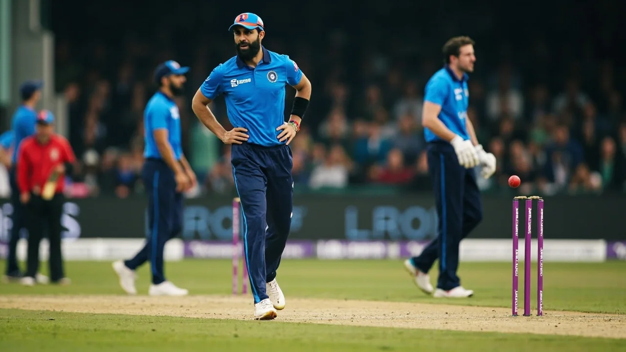 Medium tactical view of a captain, keeper and slip fielder conferring at Edgbaston, illustrating the field placement read behind the contrarian bowling captain pick