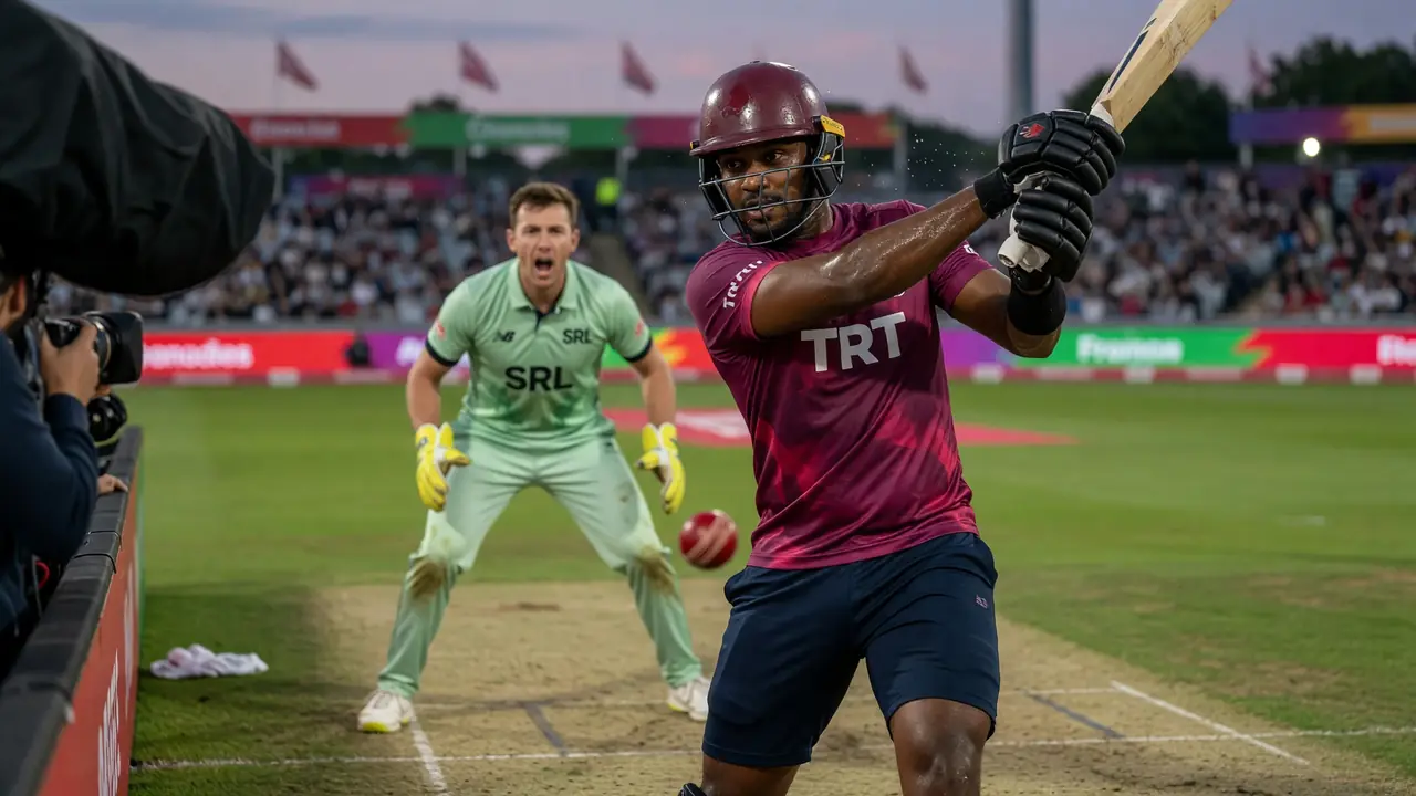 Tight sideline frame of a left-hand batter driving through cover under floodlights during a short-format innings