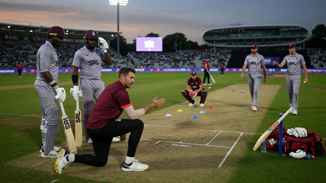 Medium tactical view of fielders and a bowler setting a ring on a green square during a short-format match